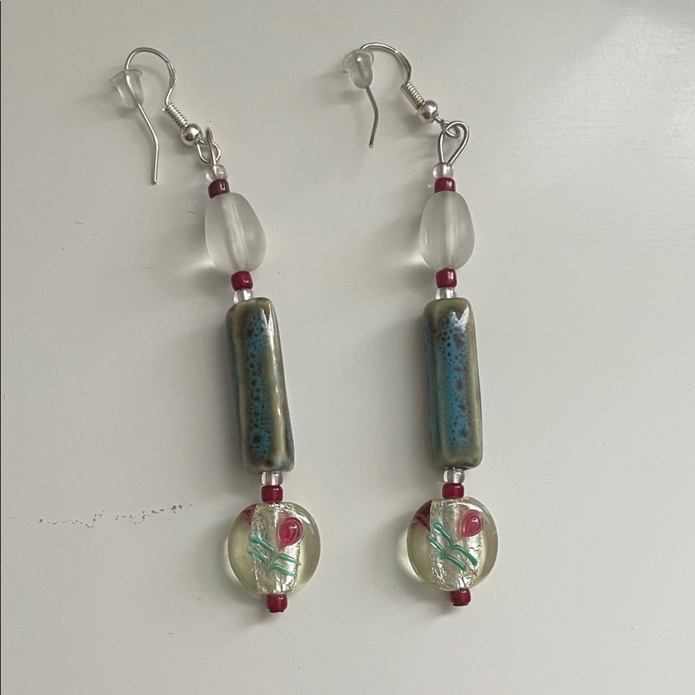 Handcrafted Blue & Red Glass Drop Earrings - Women Jewelry